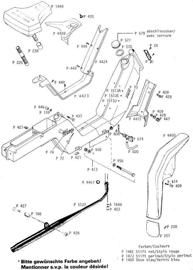 Auspuff - Rahmen - Sattel - Benzinhahn - Schutzblech v.