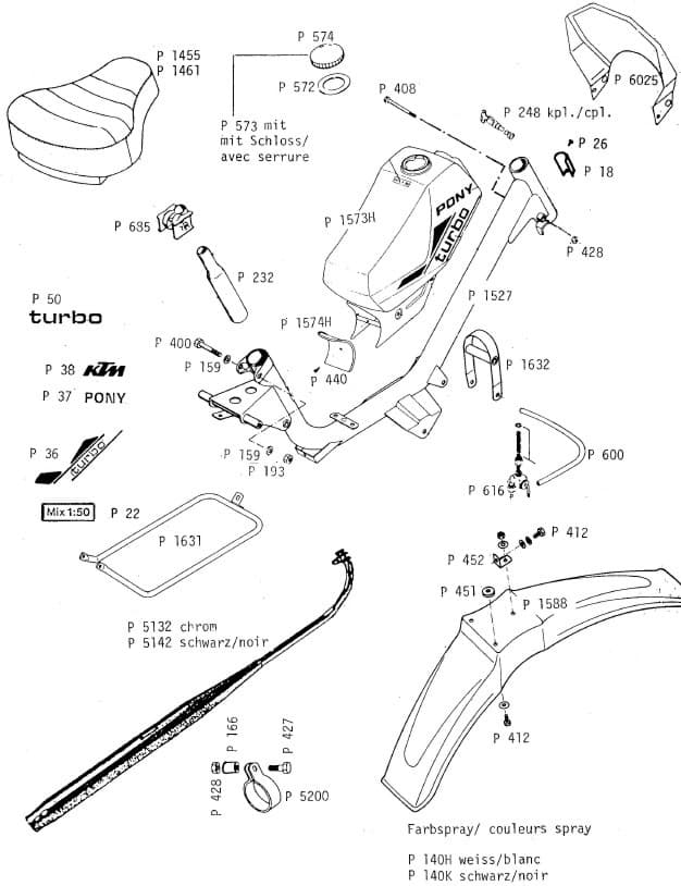 Auspuff - Rahmen - Sattel - Benzinhahn - Schutzblech v.