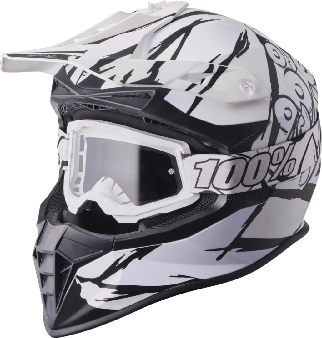 Crosshelm GMS Fortis Graffi, Schwarz matt/Weiss, inkl. Crossbrille und Schultertasche